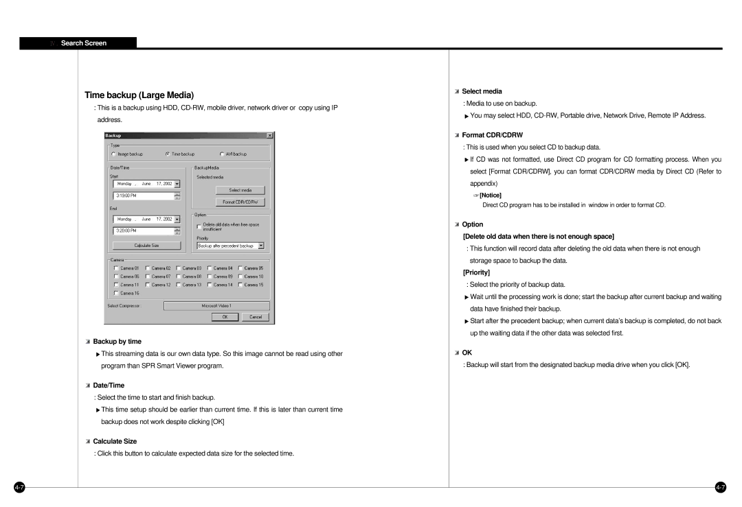 Samsung SPR-7416 manual Time backup Large Media 