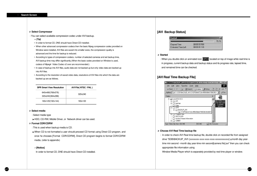 Samsung SPR-7416 manual AVI Backup Status, AVI Real Time Backup File, Select Compressor, Started 