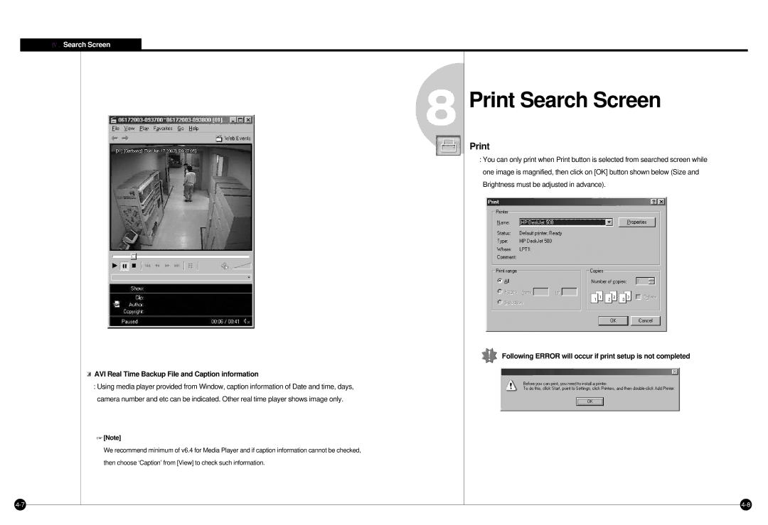 Samsung SPR-7416 manual Print Search Screen, AVI Real Time Backup File and Caption information 