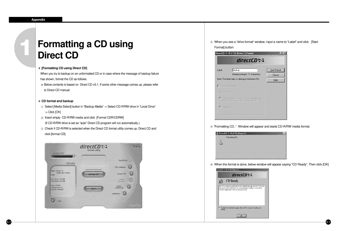 Samsung SPR-7416 manual Formatting a CD using Direct CD, Formatting CD using Direct CD, CD format and backup 