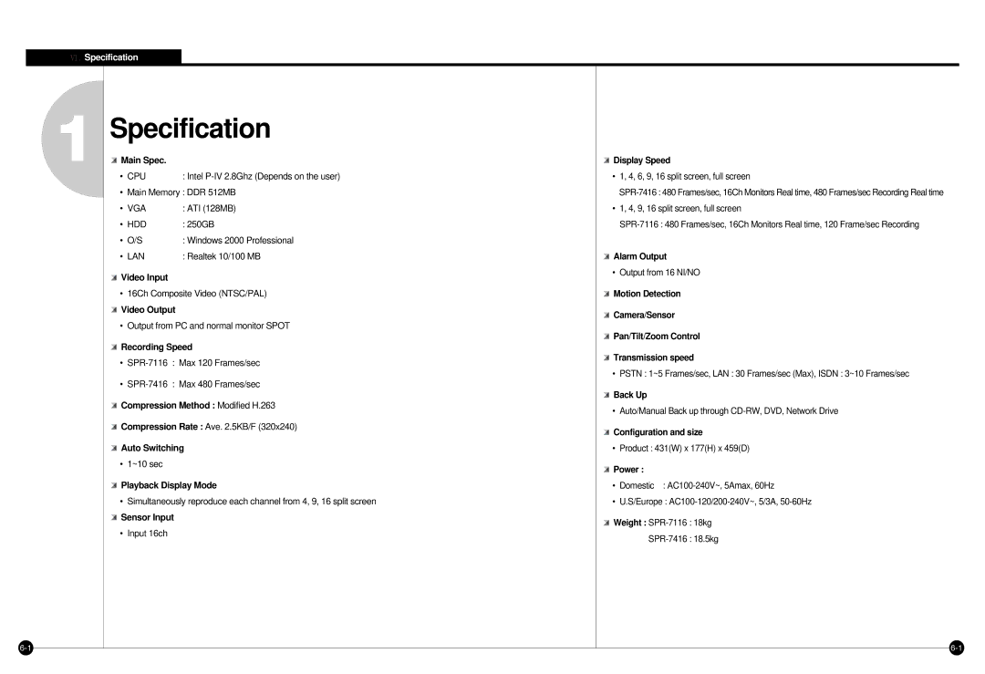 Samsung SPR-7416 manual Specification 