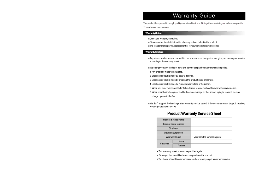 Samsung SPR-7416 manual Warranty Guide 