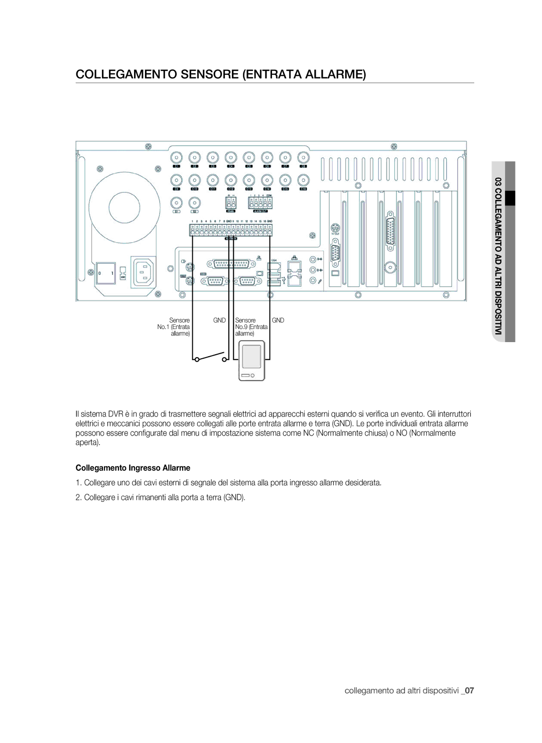 Samsung SPR-9816P manual Collegamento sensore Entrata allarme, Collegamento Ingresso Allarme 