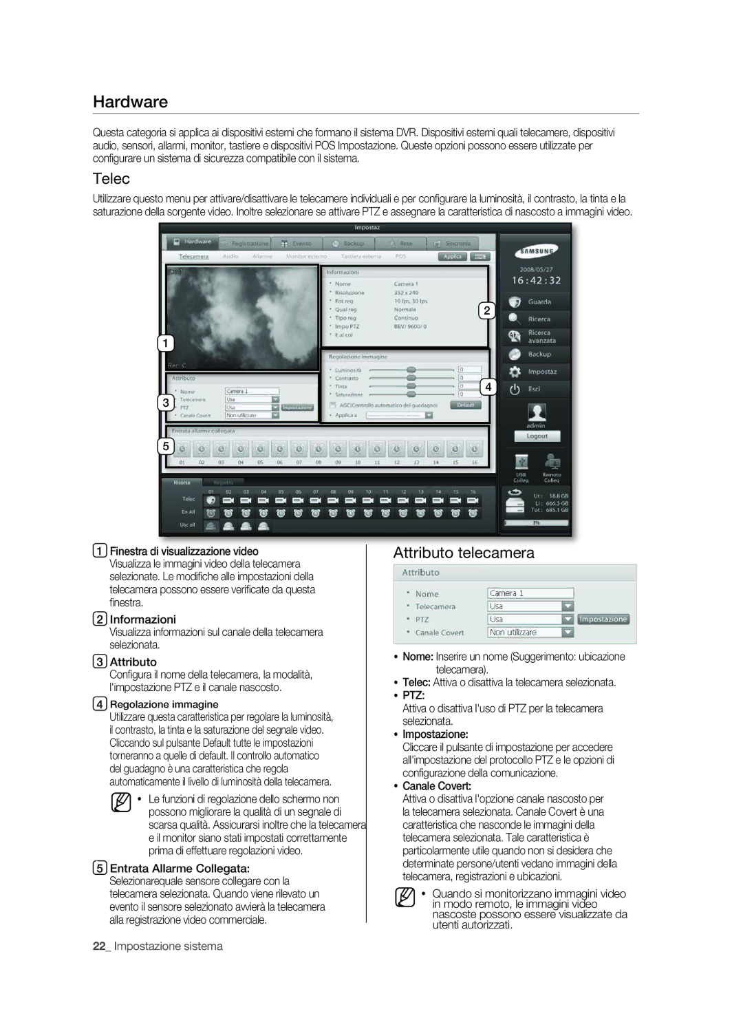 Samsung SPR-9816P manual Hardware, Telec, Attributo telecamera, Ptz 