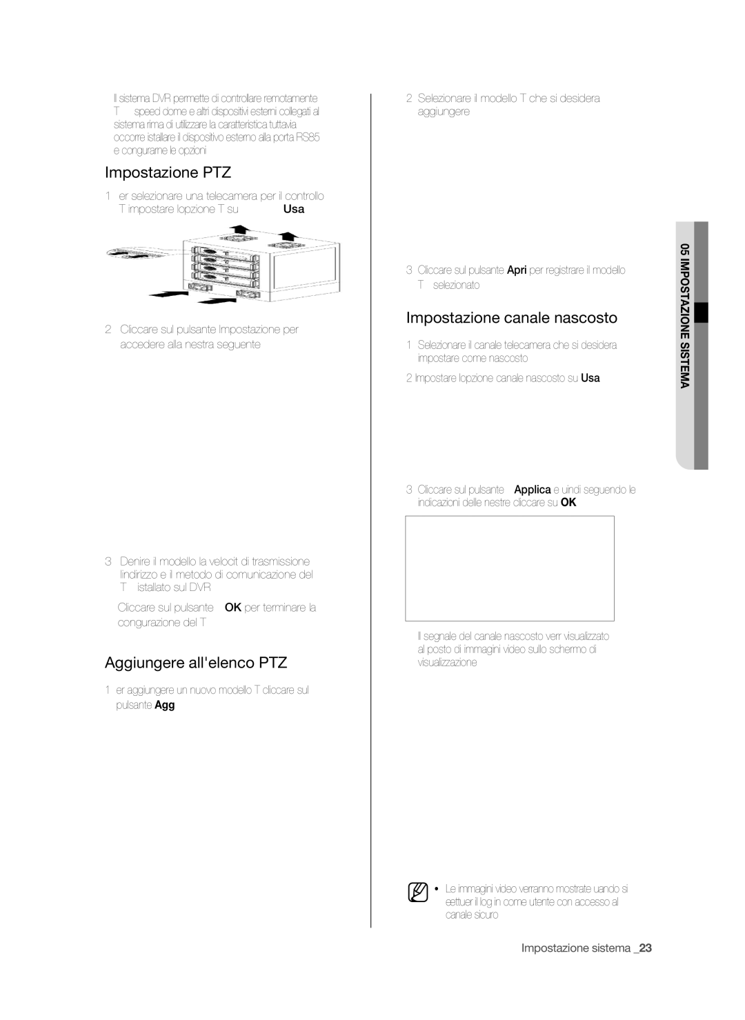 Samsung SPR-9816P manual Impostazione PTZ, Aggiungere allelenco PTZ, Impostazione canale nascosto 