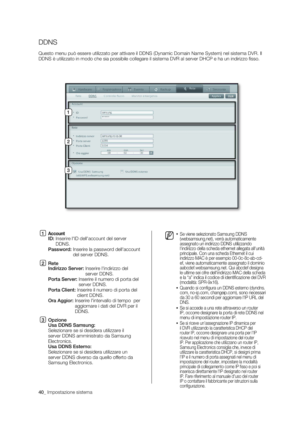 Samsung SPR-9816P manual Account, Ddns, Dns 