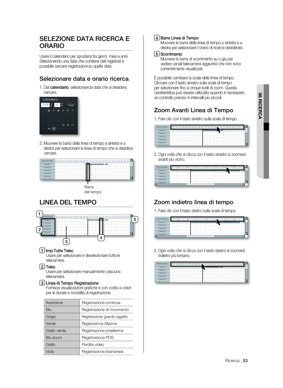 Samsung SPR-9816P manual Selezione data ricerca e orario, Linea del tempo, Selezionare data e orario ricerca 