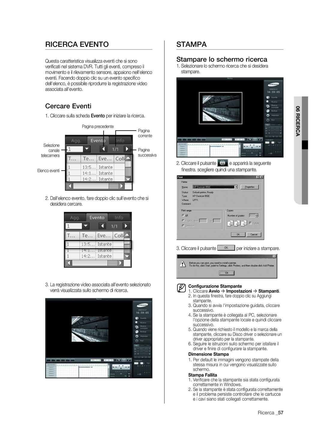 Samsung SPR-9816P manual Cercare Eventi, Stampare lo schermo ricerca, Cliccare sulla scheda Evento per iniziare la ricerca 