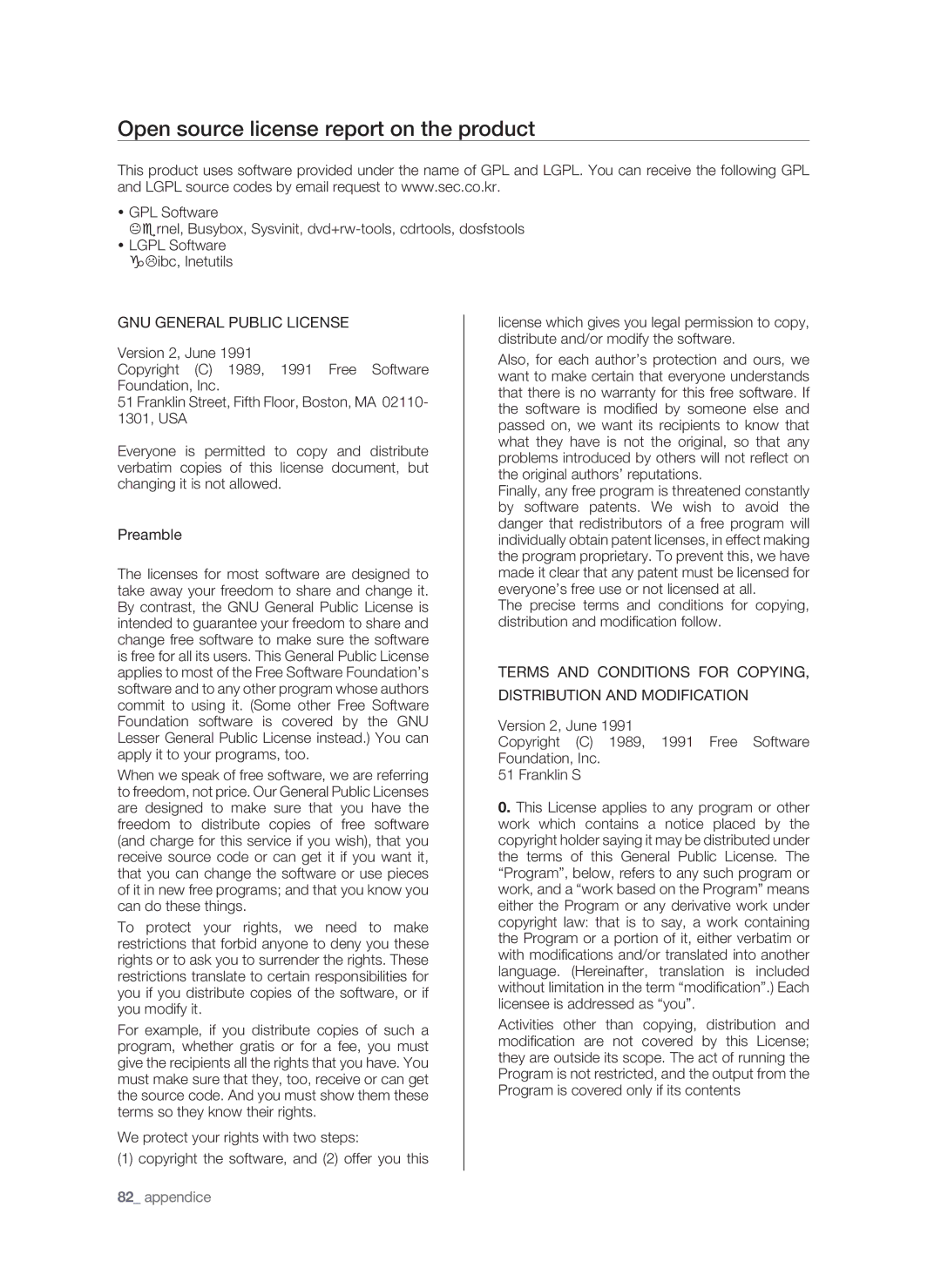 Samsung SPR-9816P manual Open source license report on the product, GNU General Public License 