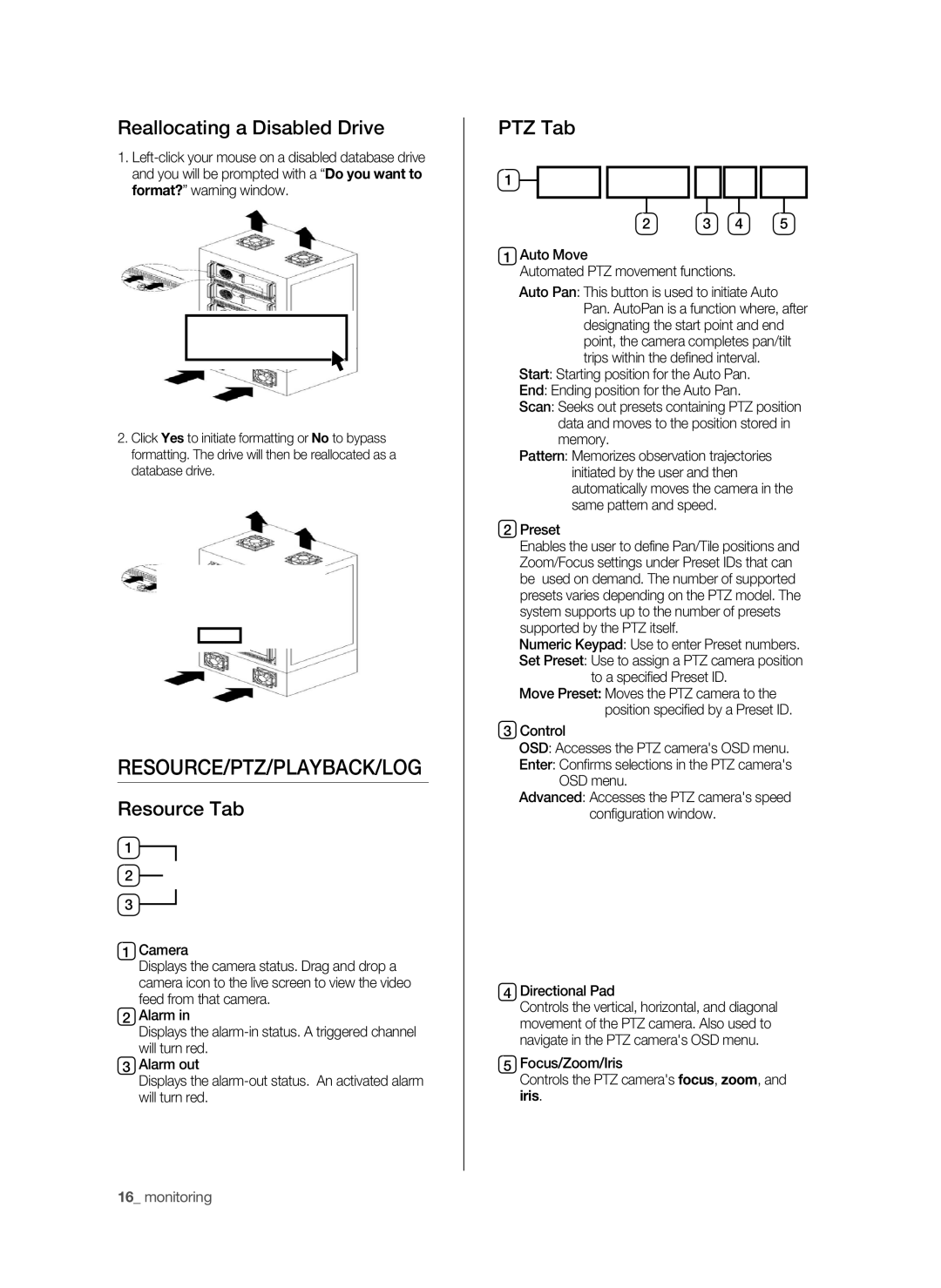 Samsung SPR-9816P manual Resource/Ptz/Playback/Log, Reallocating a Disabled Drive, Resource Tab, PTZ Tab 