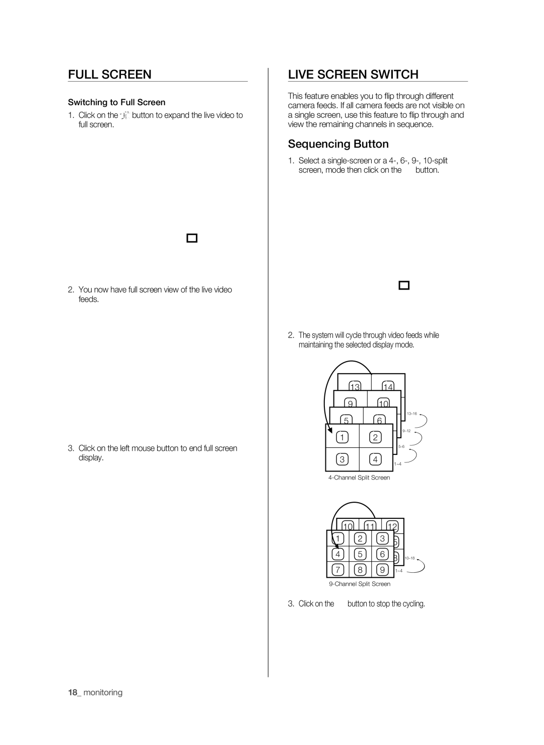 Samsung SPR-9816P manual Full Screen, Live Screen Switch, Sequencing Button, Click on the button to stop the cycling 