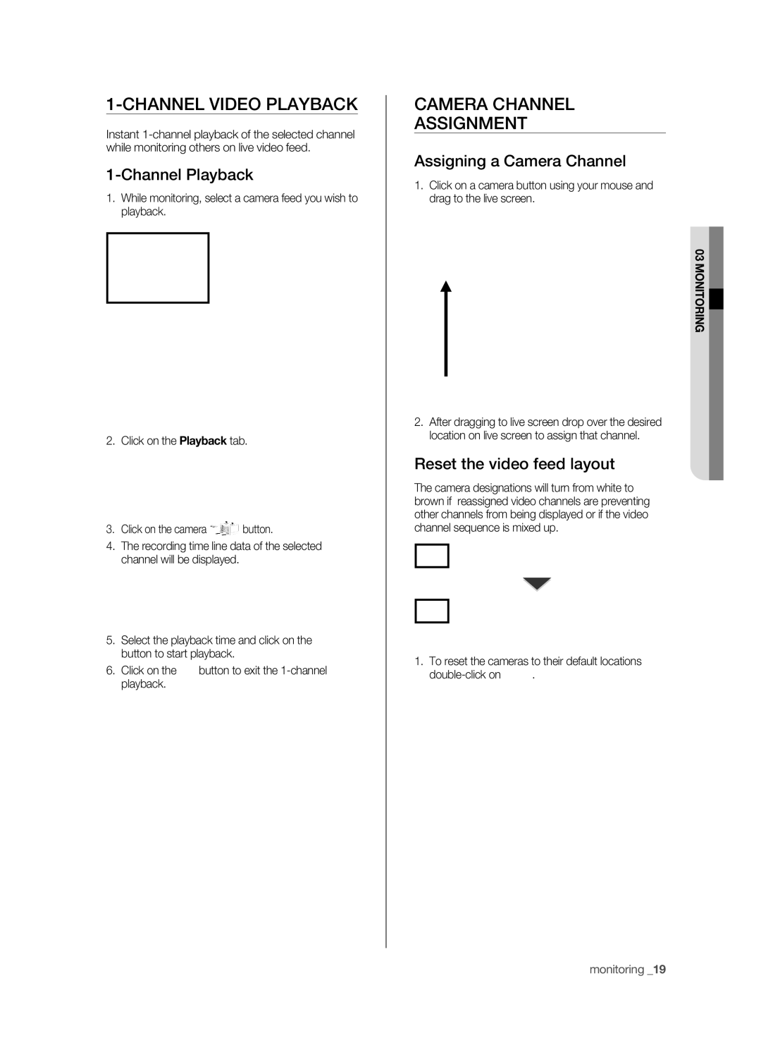 Samsung SPR-9816P manual Channel Video Playback, CAmERA Channel ASSIGNmENT, Channel Playback, Assigning a Camera Channel 