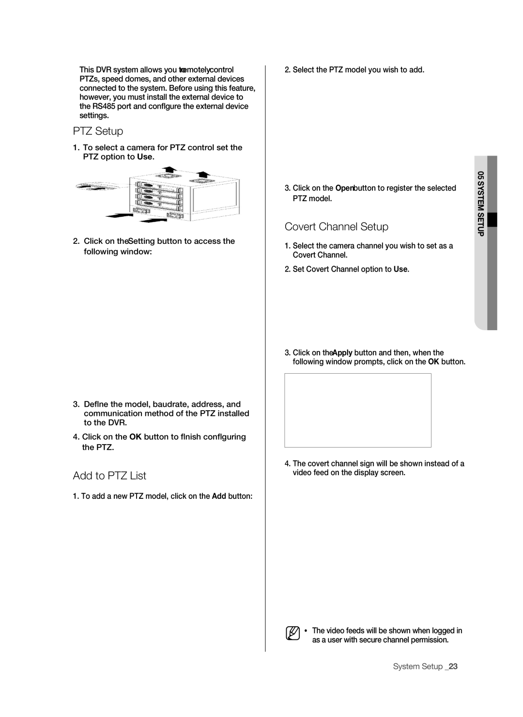 Samsung SPR-9816P manual PTZ Setup, Add to PTZ List, Covert Channel Setup, PTZ model 