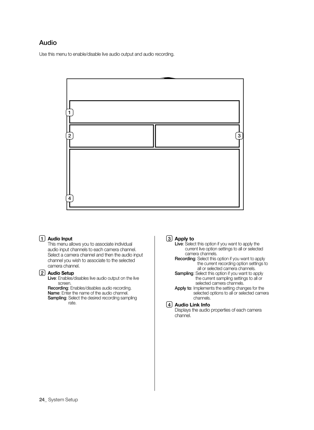 Samsung SPR-9816P manual Audio Input Apply to, Audio Setup, Audio Link Info 