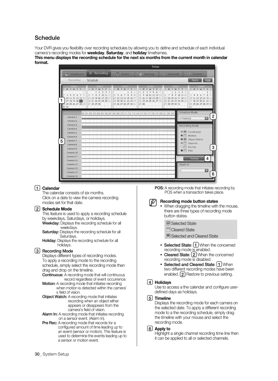 Samsung SPR-9816P manual Recording mode button states, Schedule Mode, Holidays 