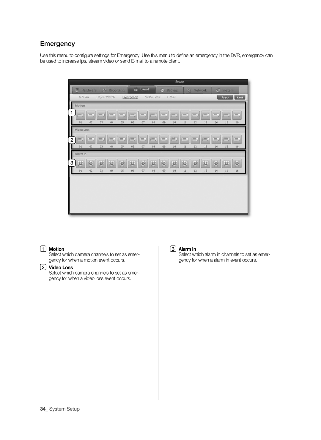 Samsung SPR-9816P manual Emergency, Motion, Video Loss, Alarm 