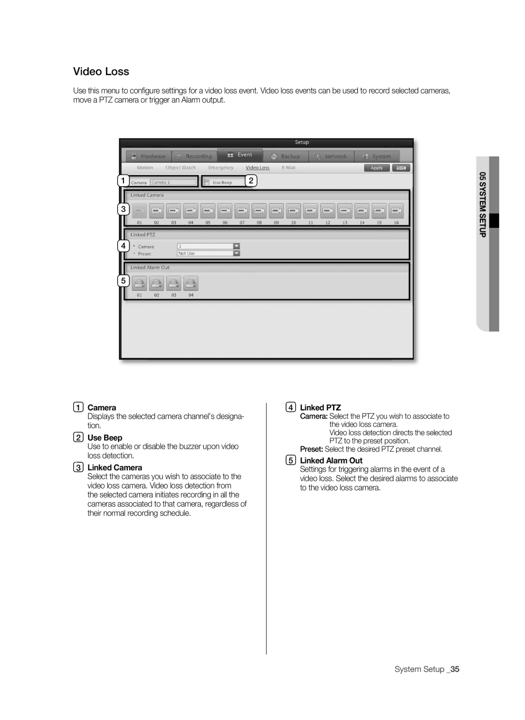 Samsung SPR-9816P manual Video Loss, Camera, Displays the selected camera channel’s designa- tion, Use Beep 