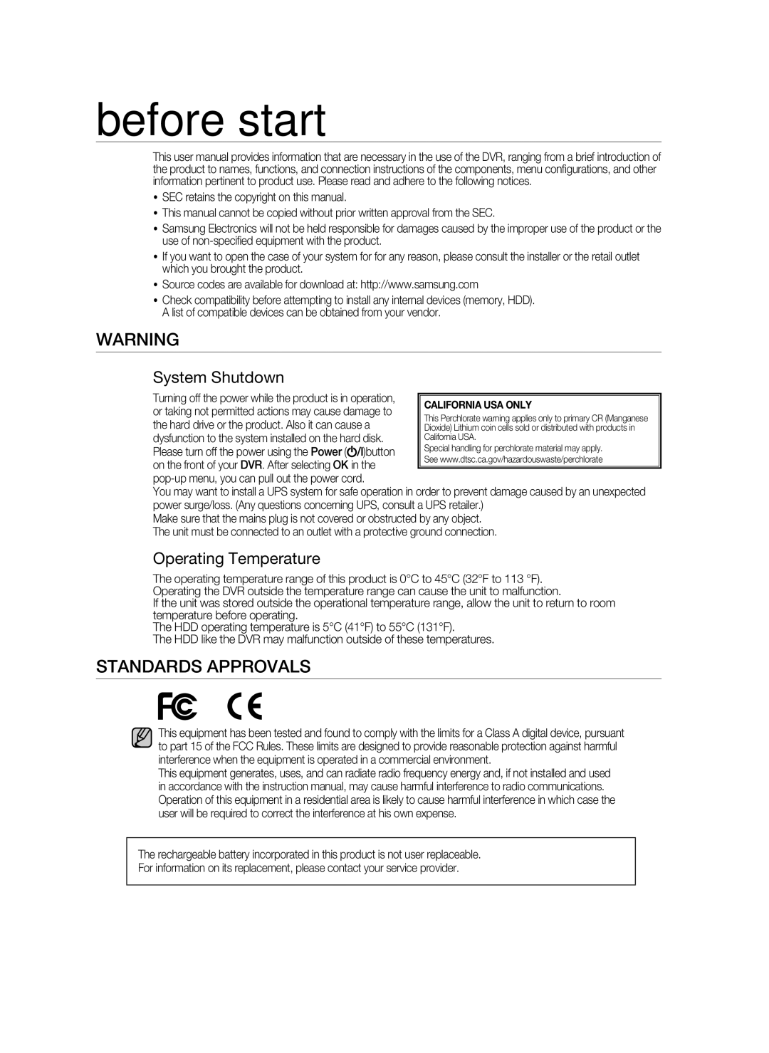 Samsung SPR-9816P manual Before start, Standards Approvals, System Shutdown, Operating Temperature 