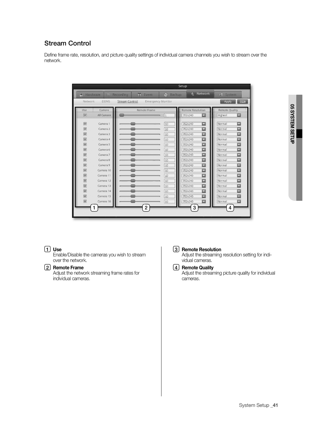 Samsung SPR-9816P manual Stream Control, Use, Remote Frame, Remote Resolution, Remote Quality 