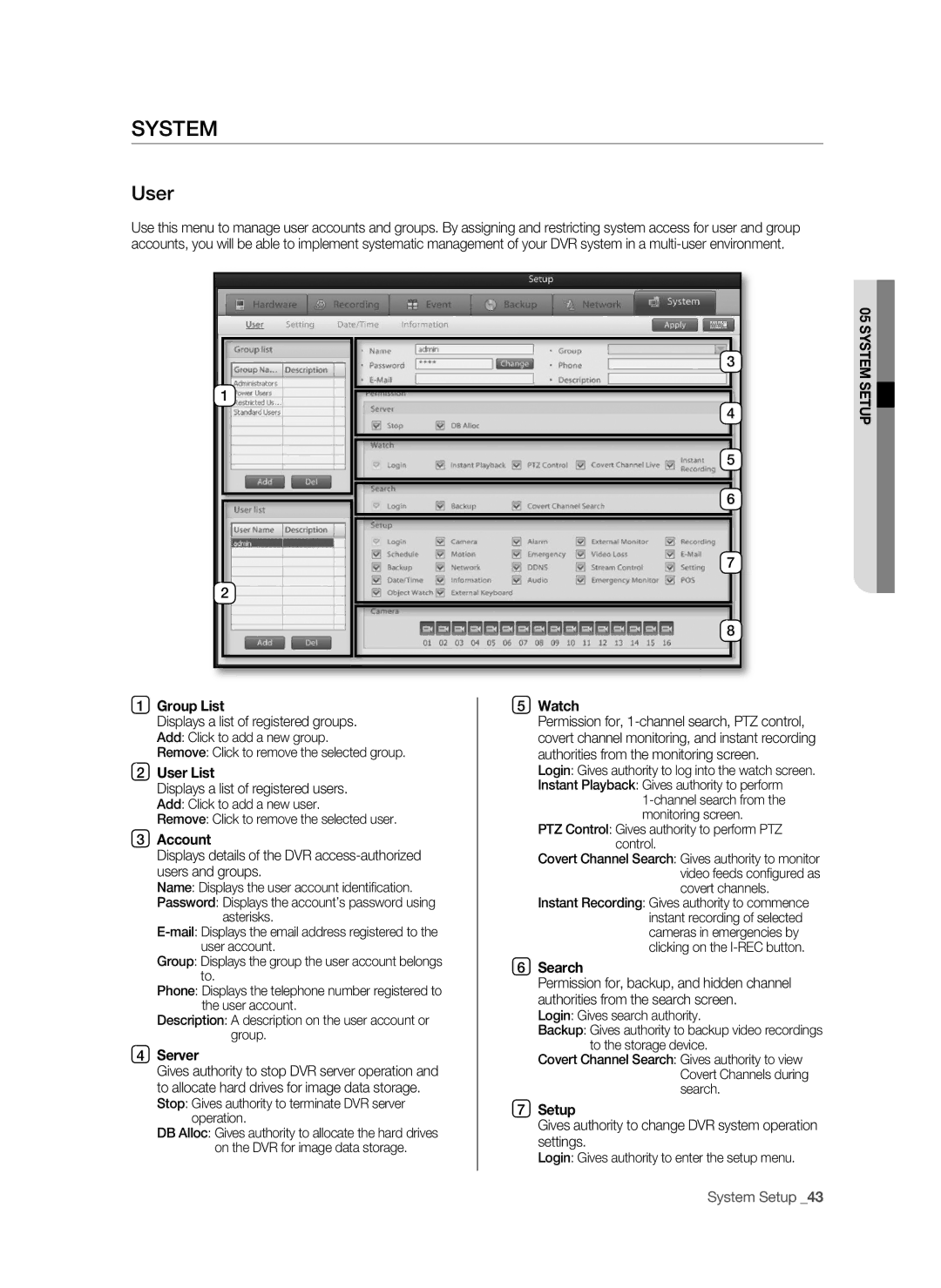 Samsung SPR-9816P manual SYSTEm, User, Server, Watch, Setup 