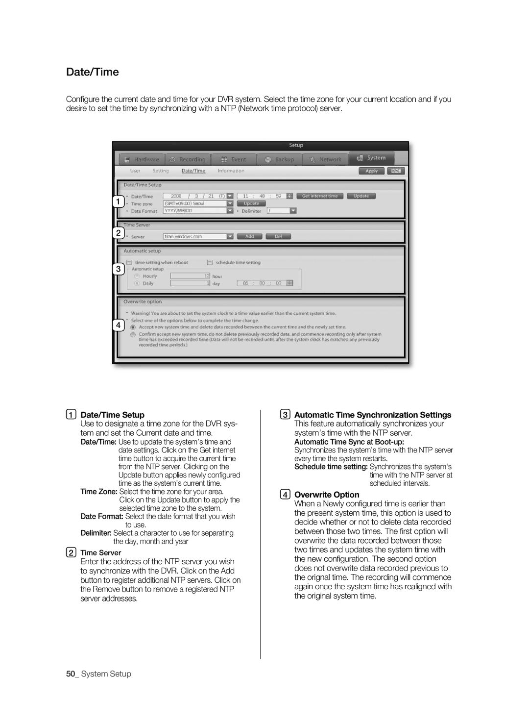 Samsung SPR-9816P manual Date/Time Setup, Overwrite Option 