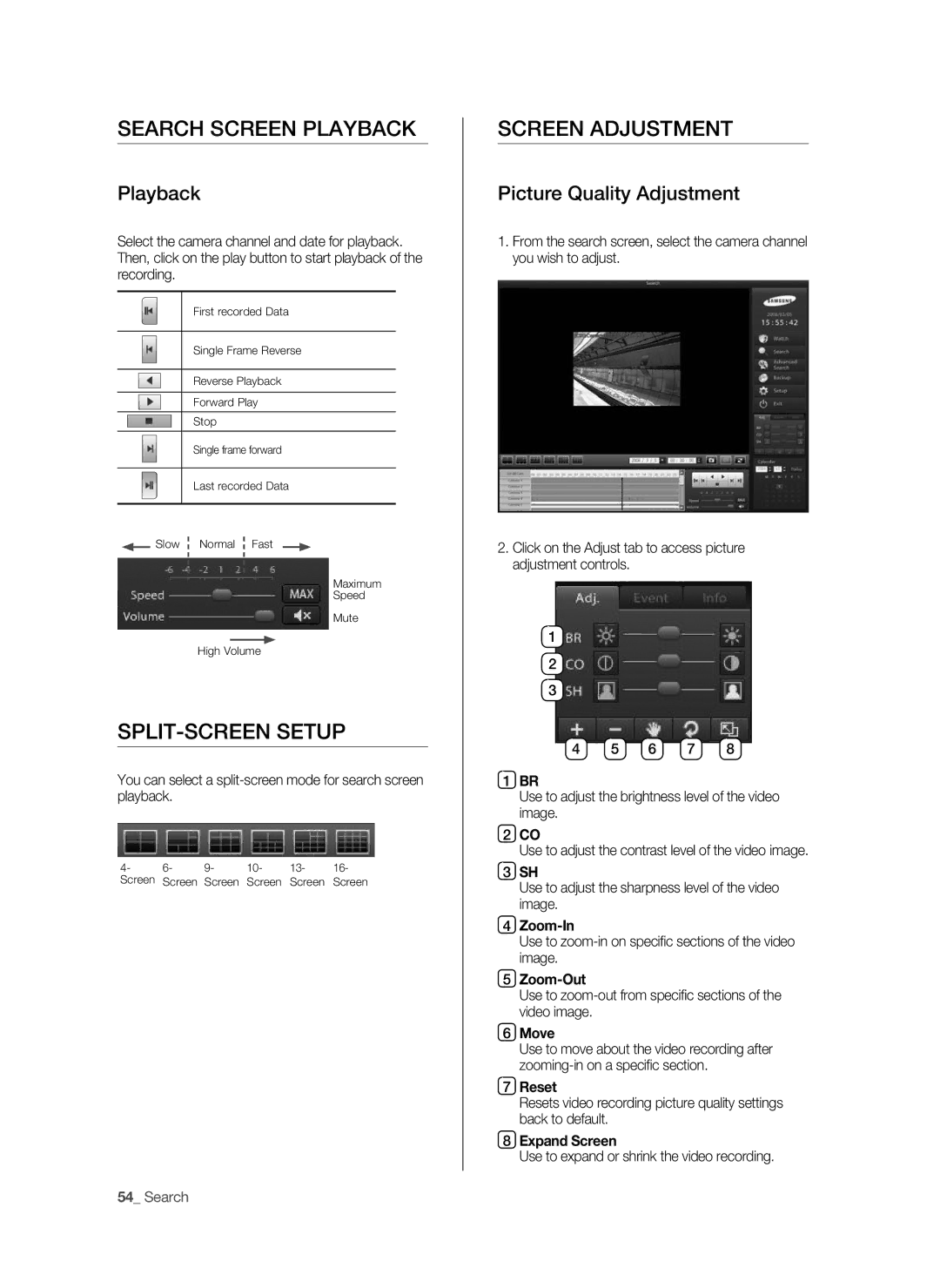 Samsung SPR-9816P manual Search Screen Playback, Split-Screen Setup, Screen Adjustment, Picture Quality Adjustment 