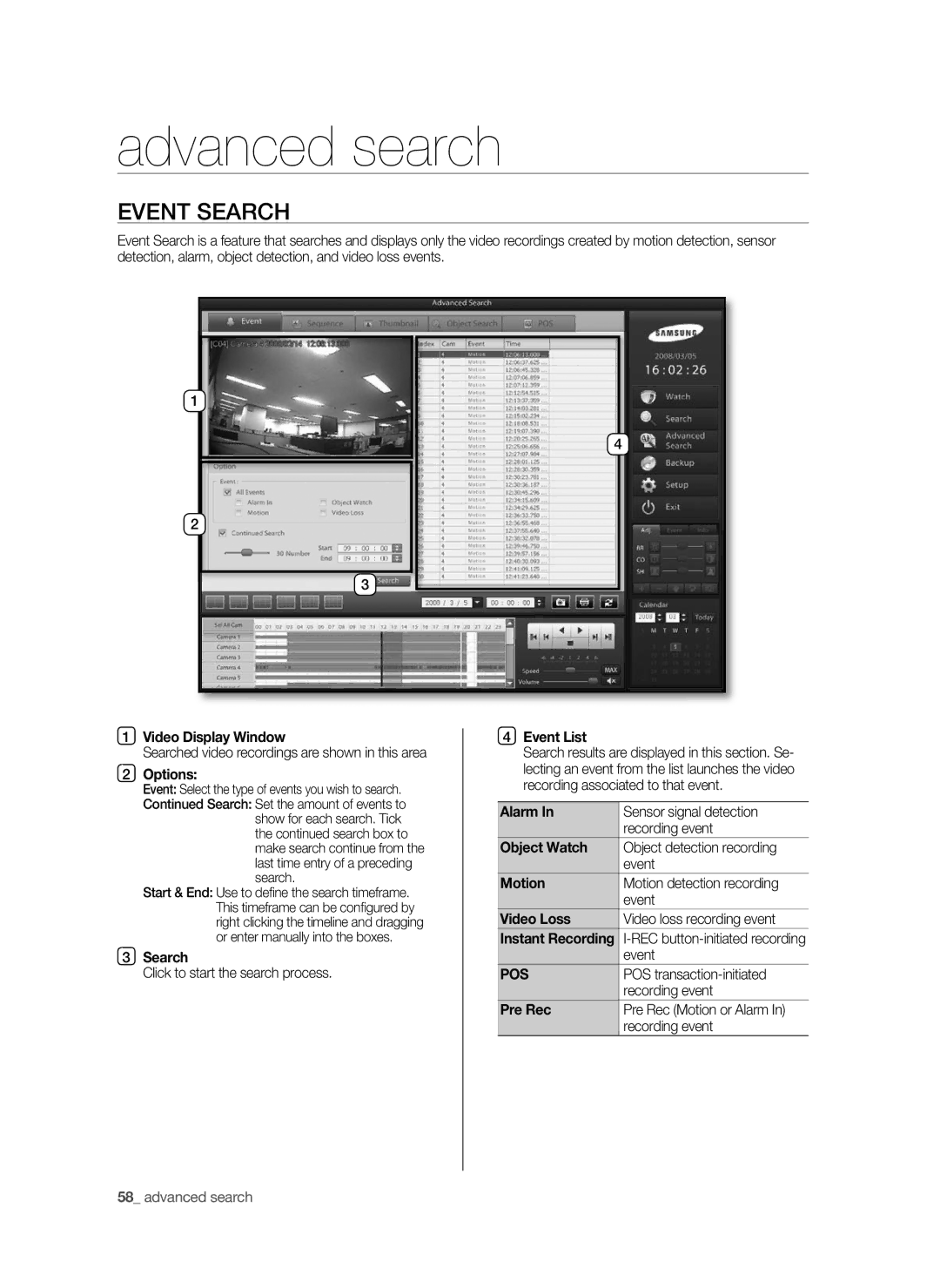 Samsung SPR-9816P manual Advanced search, Event List, Object watch, Pos, Pre Rec 