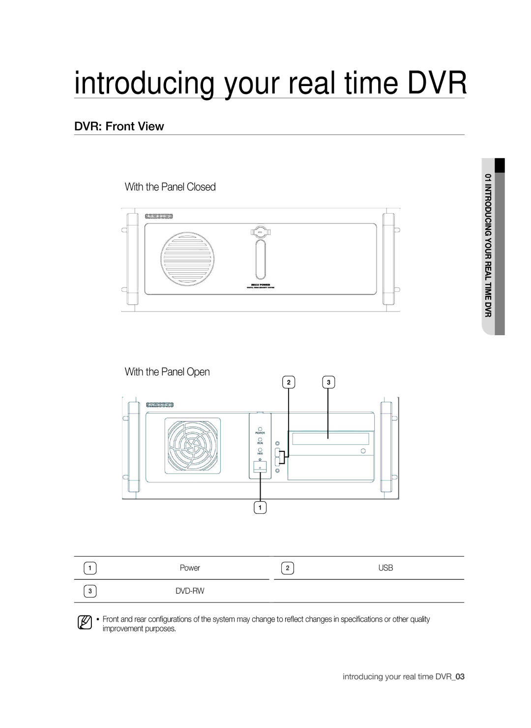 Samsung SPR-9816P manual DVR Front View, With the Panel Closed With the Panel Open, Power 