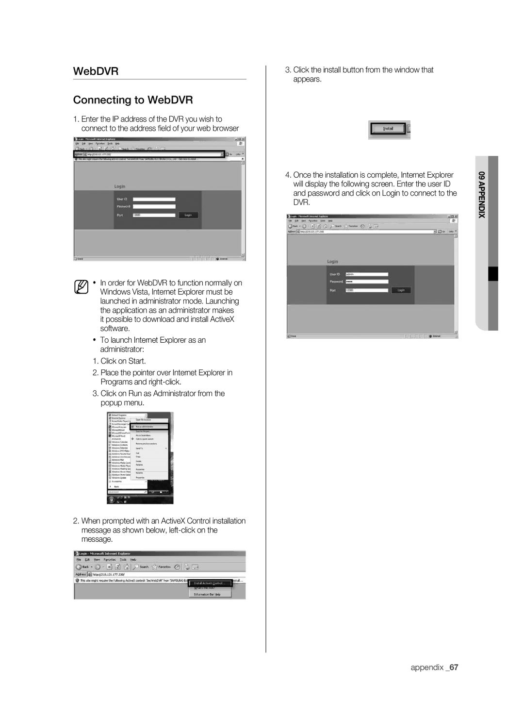 Samsung SPR-9816P manual WebDVR Connecting to WebDVR 