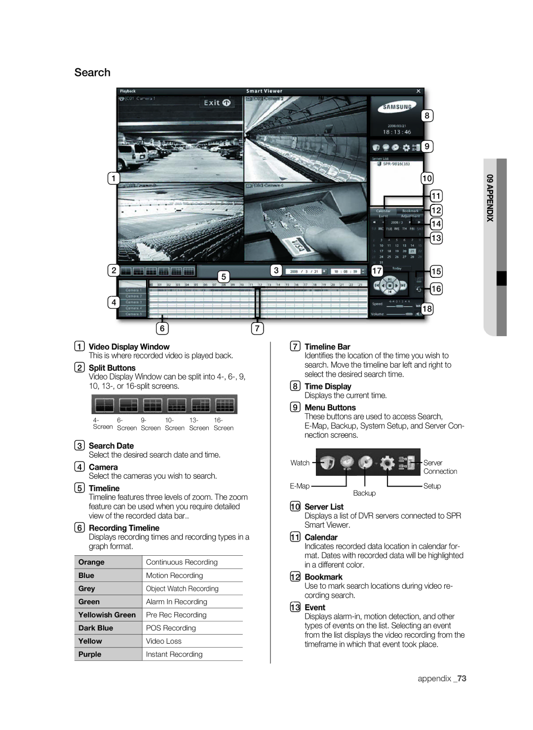 Samsung SPR-9816P manual Search Date, Server List, Bookmark, Event 