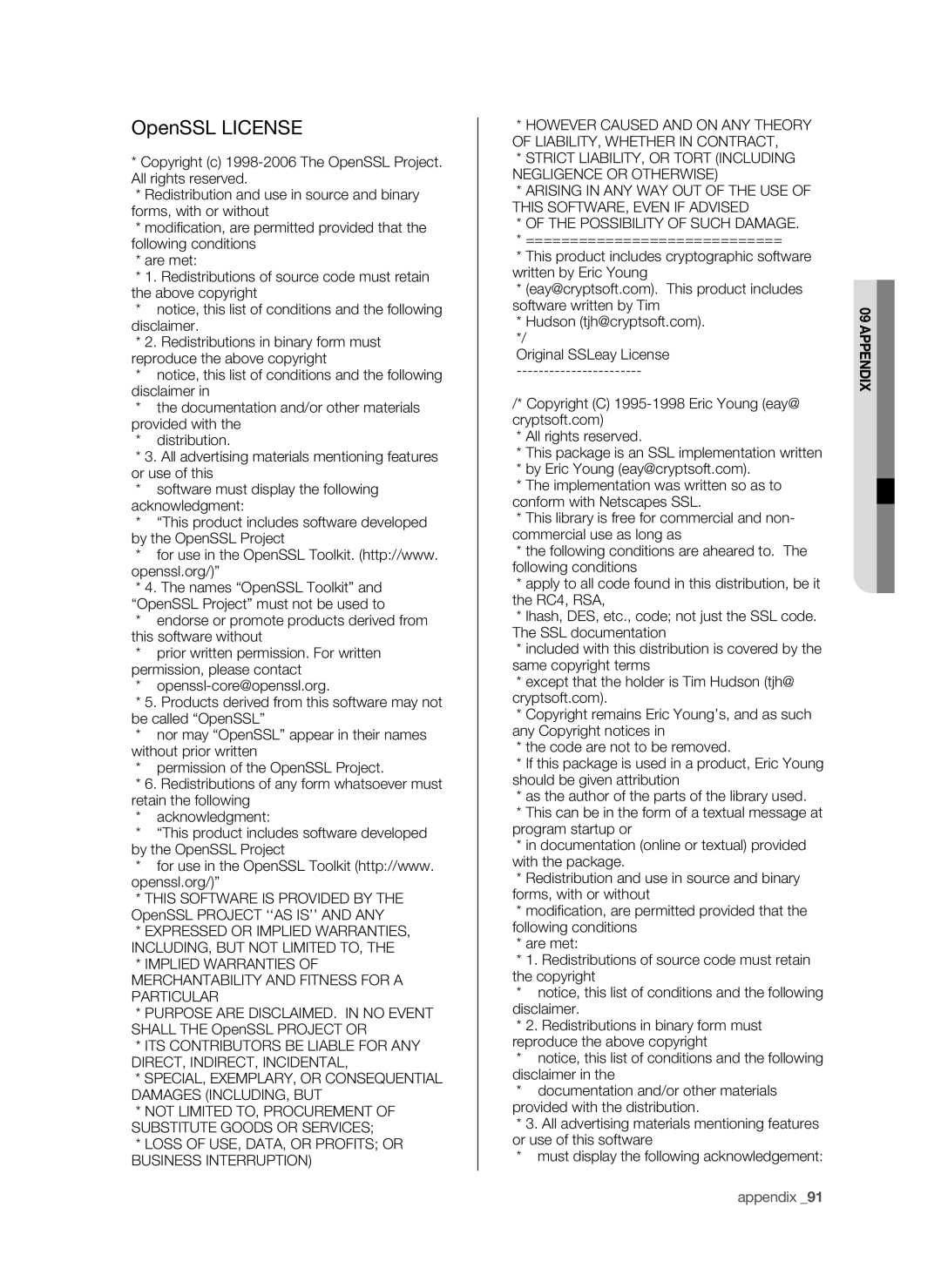 Samsung SPR-9816P manual OpenSSL License, Loss of USE, DATA, or Profits or Business Interruption 