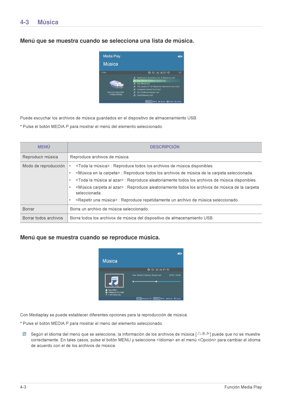 Samsung SPU300MX/EN, SPU300MEX/EN manual Música, Menú que se muestra cuando se reproduce música 