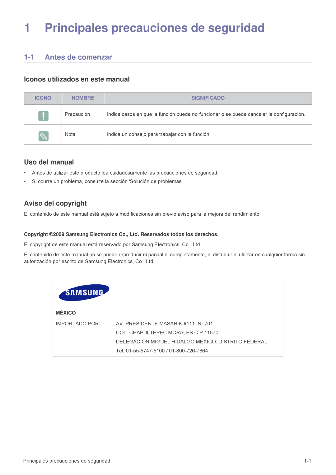 Samsung SPU300MEX/EN Principales precauciones de seguridad, Antes de comenzar, Iconos utilizados en este manual 