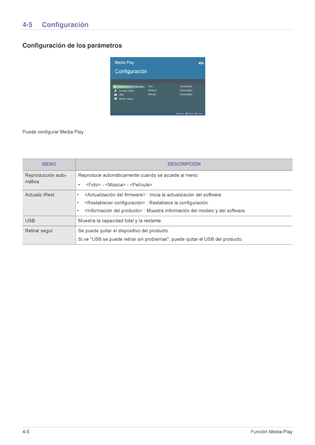 Samsung SPU300MX/EN, SPU300MEX/EN manual Configuración de los parámetros 