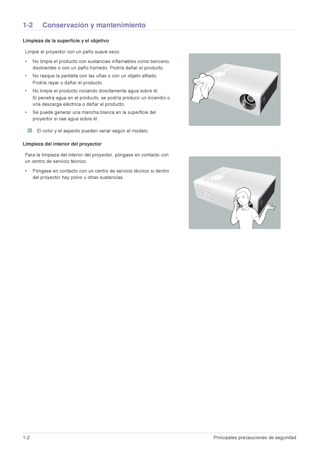 Samsung SPU300MX/EN, SPU300MEX/EN manual Conservación y mantenimiento, Limpieza de la superficie y el objetivo 