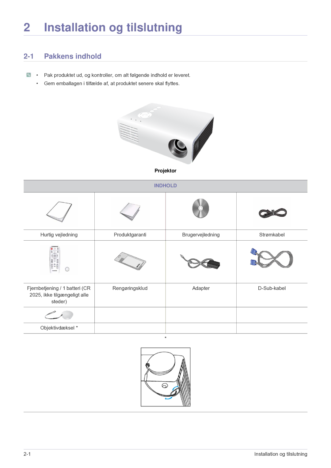 Samsung SPU300MEX/EN manual Installation og tilslutning, Pakkens indhold, Indhold 