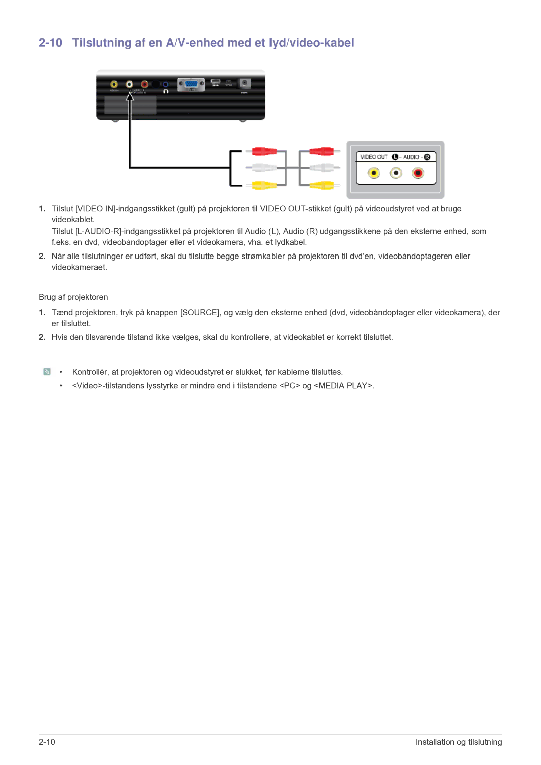 Samsung SPU300MEX/EN manual Tilslutning af en A/V-enhed med et lyd/video-kabel 