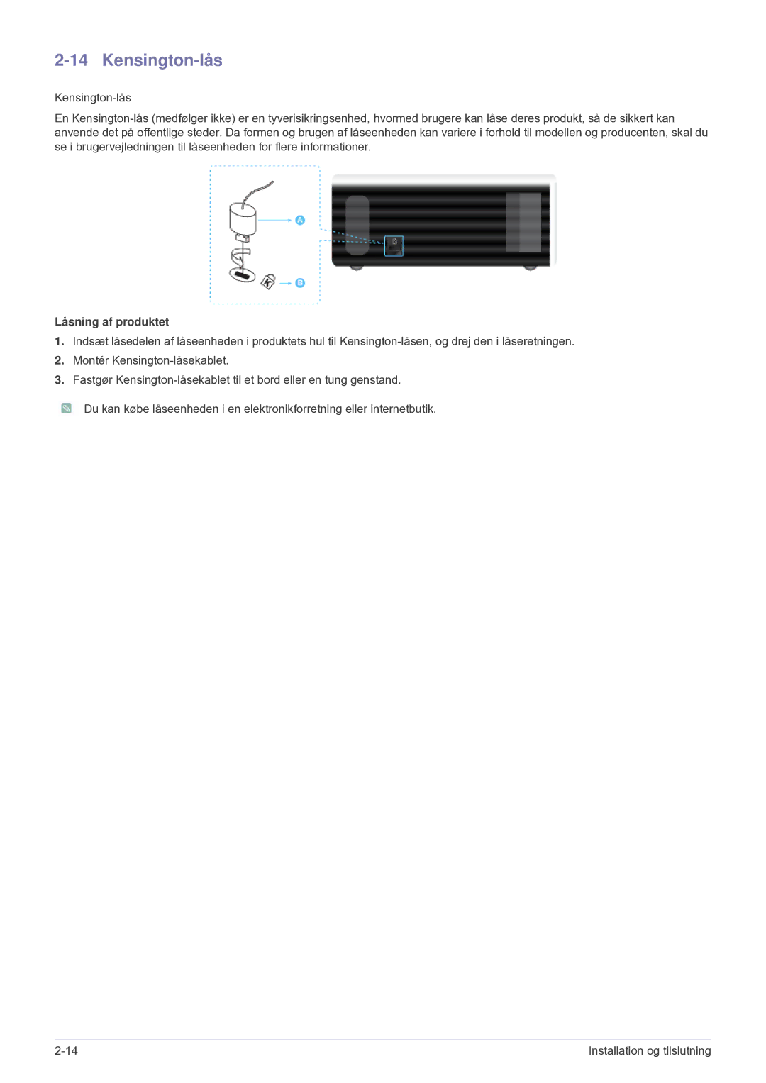 Samsung SPU300MEX/EN manual Kensington-lås, Låsning af produktet 