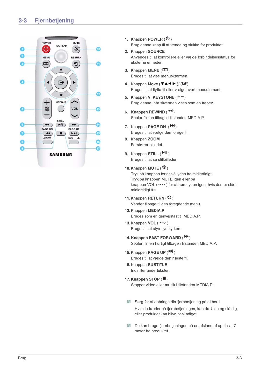 Samsung SPU300MEX/EN manual Fjernbetjening, Knappen Rewind 