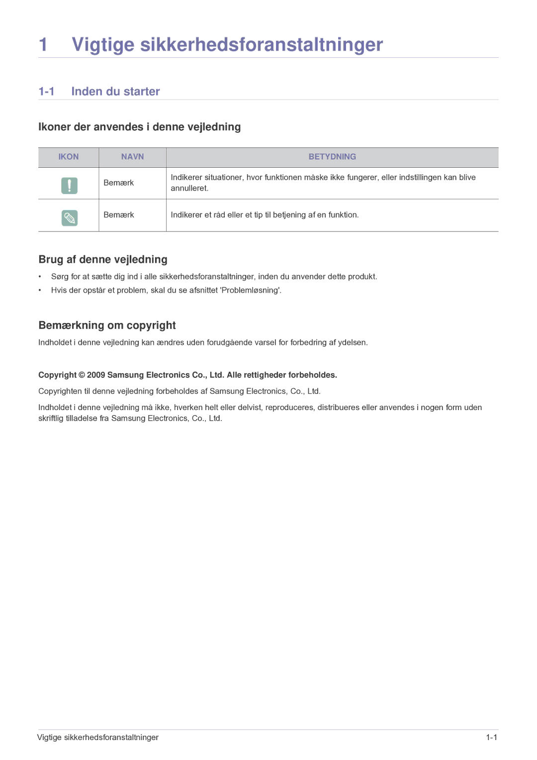 Samsung SPU300MEX/EN manual Vigtige sikkerhedsforanstaltninger, Inden du starter, Ikoner der anvendes i denne vejledning 