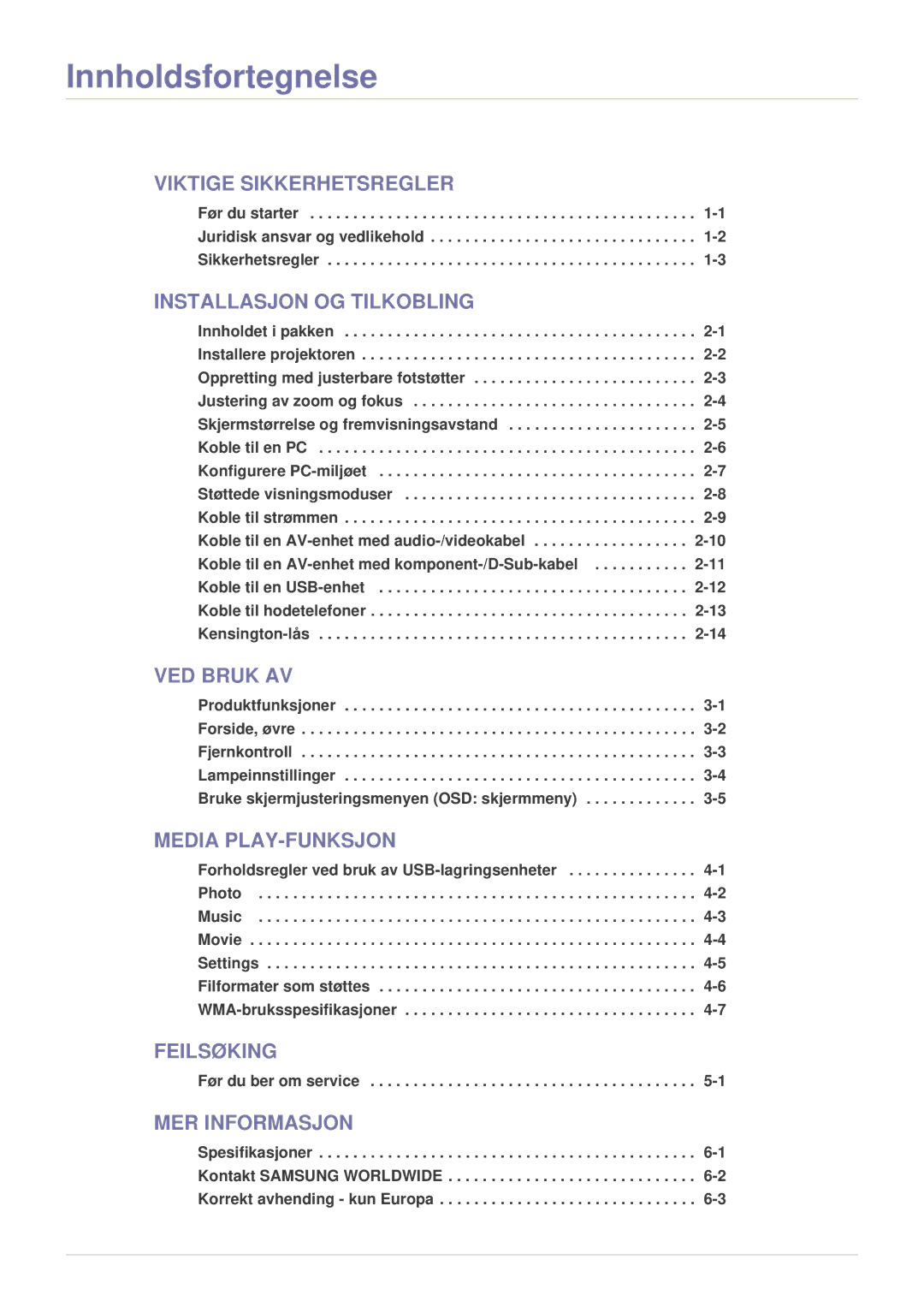 Samsung SPU300MEX/EN manual Innholdsfortegnelse, Installasjon OG Tilkobling 