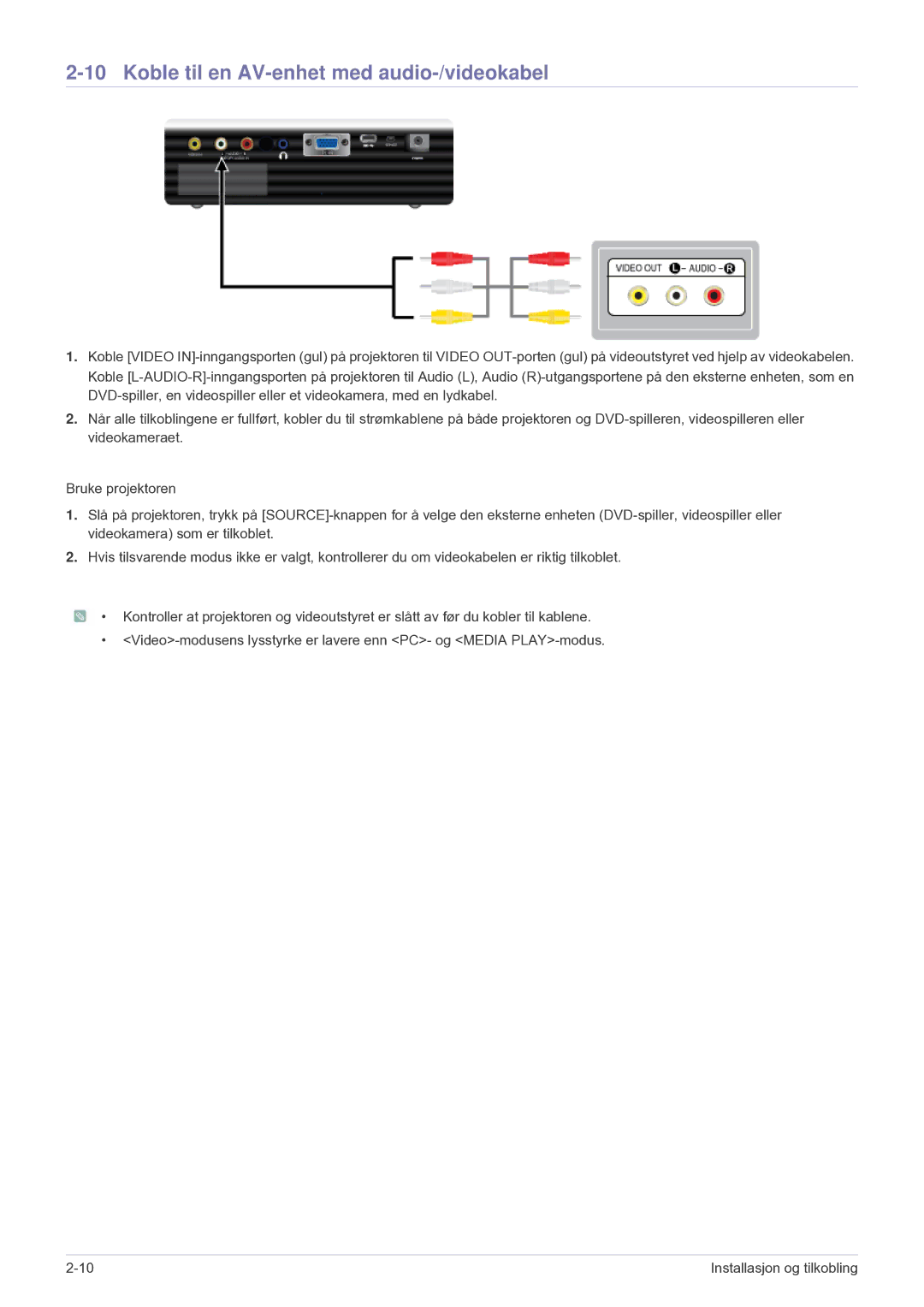 Samsung SPU300MEX/EN manual Koble til en AV-enhet med audio-/videokabel 