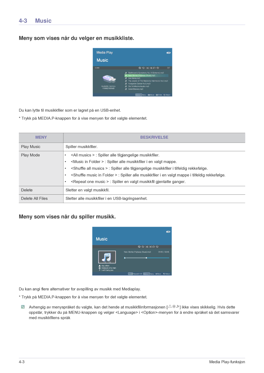 Samsung SPU300MEX/EN manual Music, Meny som vises når du velger en musikkliste, Meny som vises når du spiller musikk 