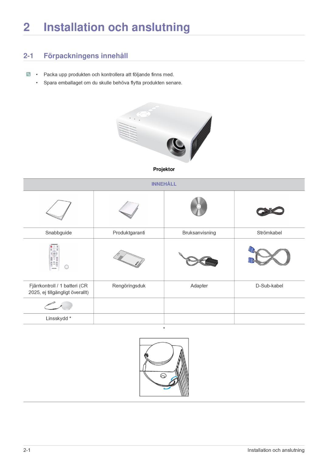 Samsung SPU300MEX/EN manual Installation och anslutning, Förpackningens innehåll, Innehåll 