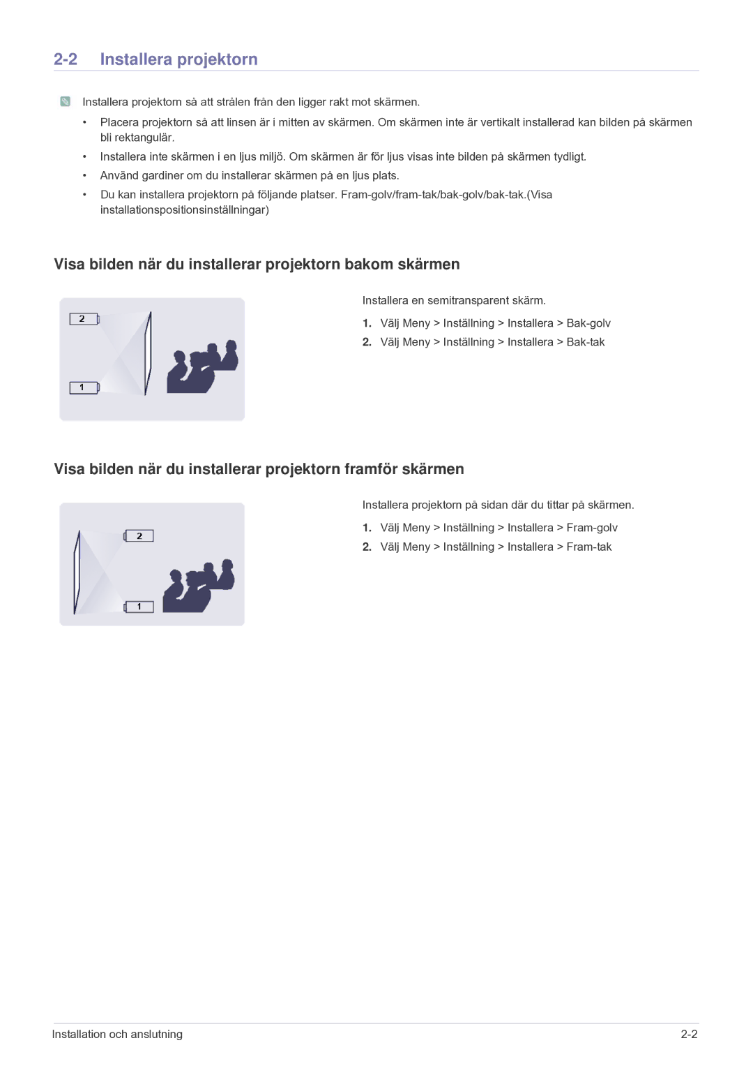 Samsung SPU300MEX/EN manual Installera projektorn, Visa bilden när du installerar projektorn bakom skärmen 