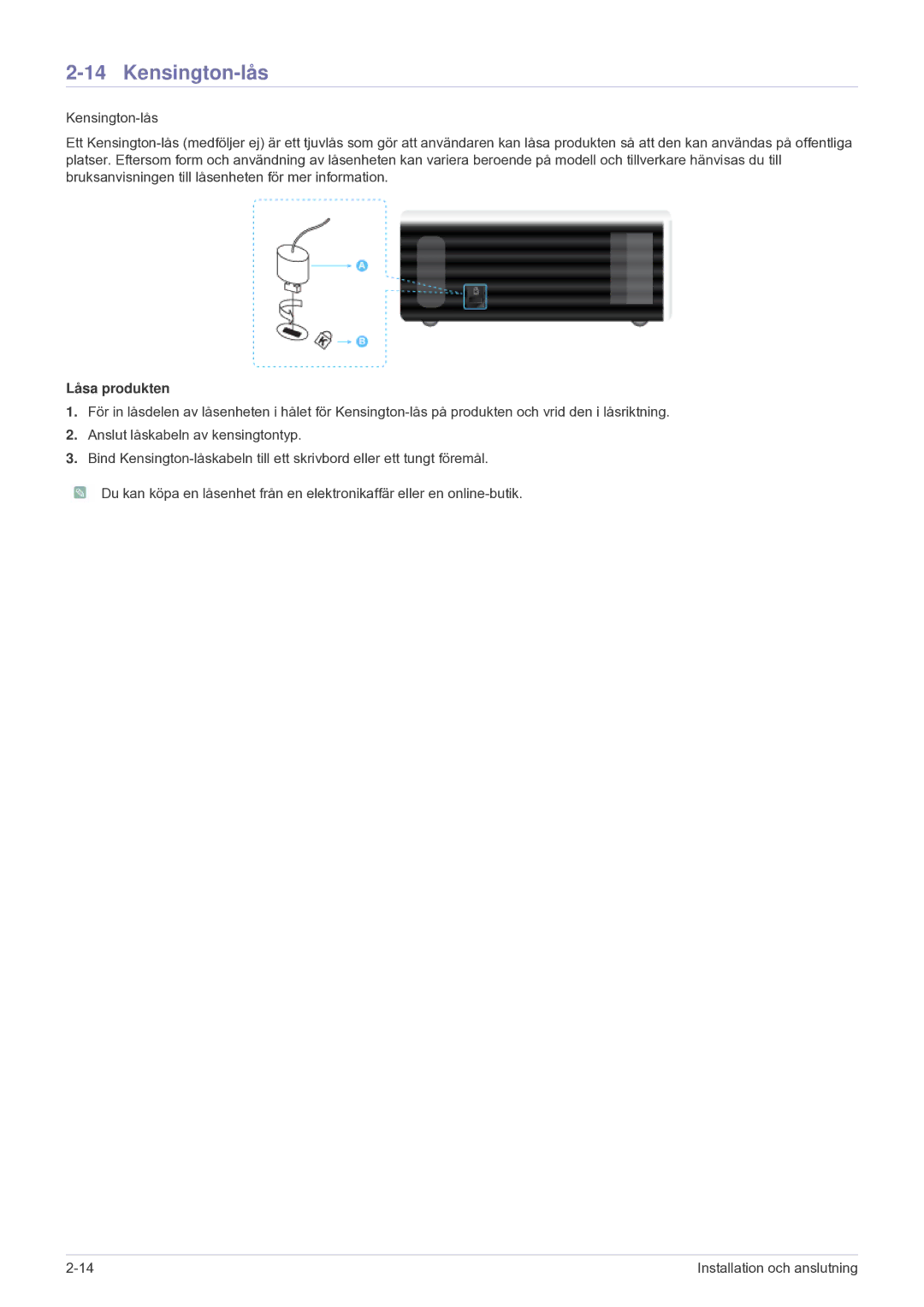 Samsung SPU300MEX/EN manual Kensington-lås, Låsa produkten 