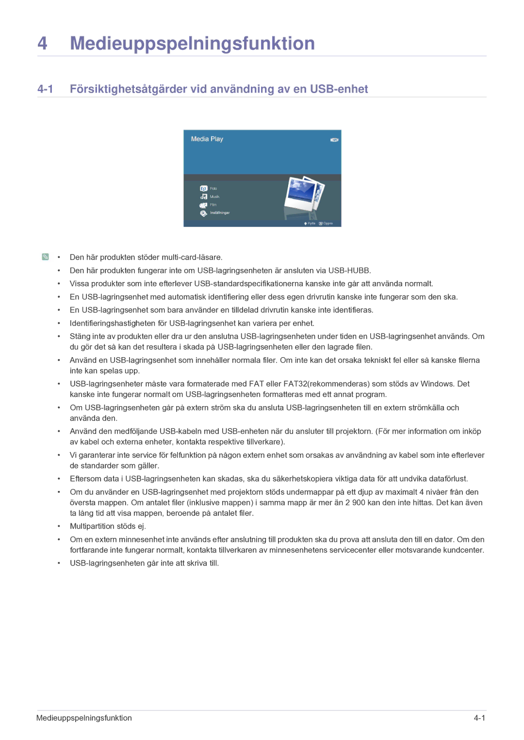 Samsung SPU300MEX/EN manual Medieuppspelningsfunktion, Försiktighetsåtgärder vid användning av en USB-enhet 