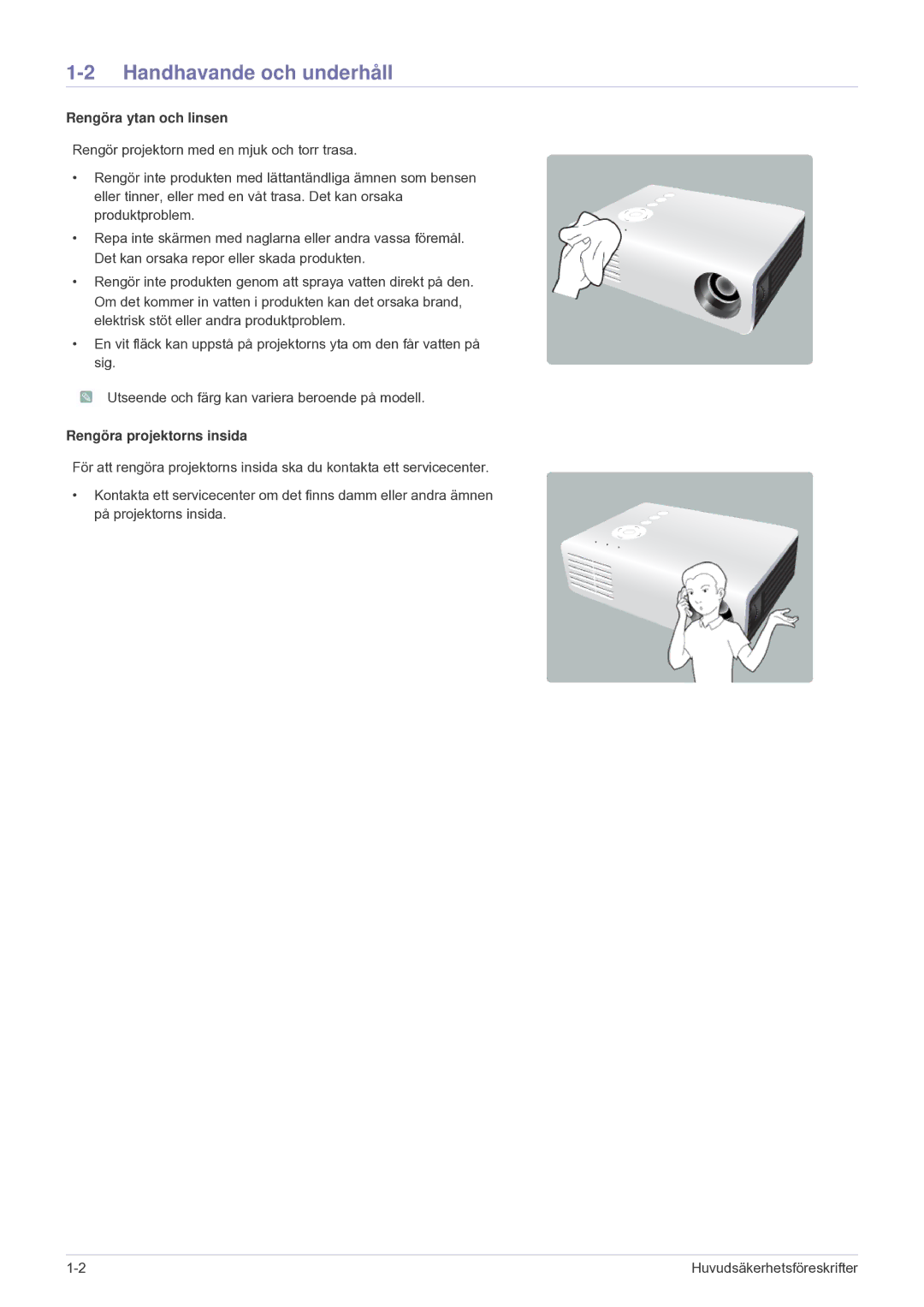 Samsung SPU300MEX/EN manual Handhavande och underhåll, Rengöra ytan och linsen 