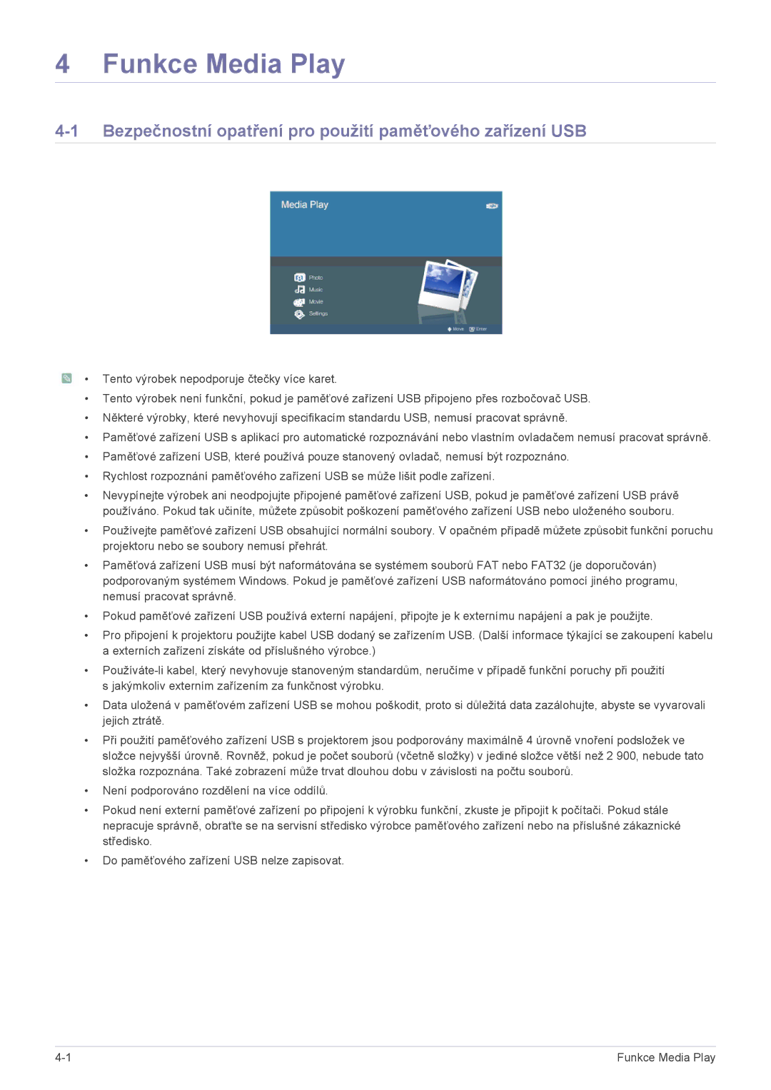 Samsung SPU300MX/EN manual Funkce Media Play, Bezpečnostní opatření pro použití paměťového zařízení USB 