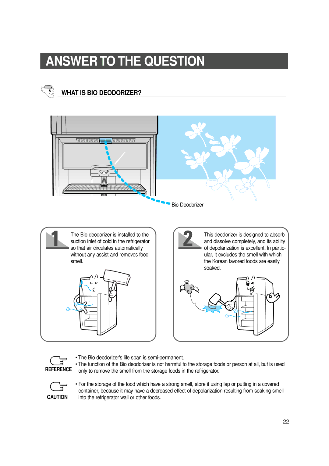 Samsung SR-519/569, SR -V52/V57 Answer to the Question, What is BIO DEODORIZER?, Without any assist and removes food smell 